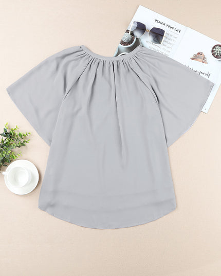 Gathered Detail Notched Neck Flutter Sleeve Top 