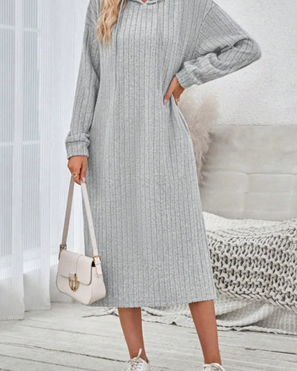 Side Slit Drawstring Long Sleeve Hooded Dress Light Gray
