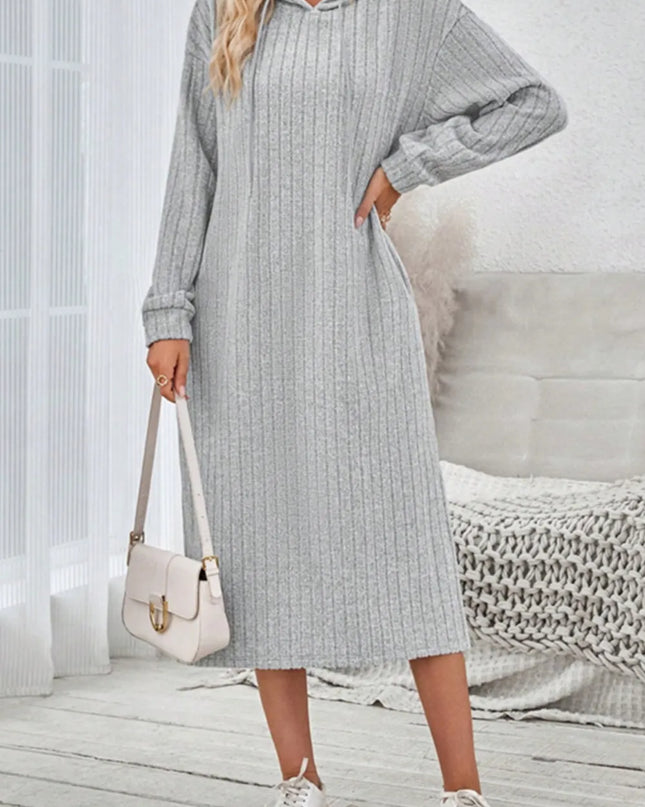 Side Slit Drawstring Long Sleeve Hooded Dress Light Gray