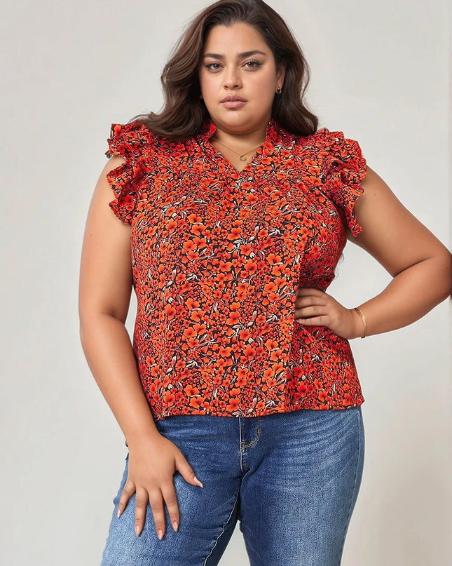 Double Take Floral Flutter Sleeve Notched Neck Blouse Orange-Red