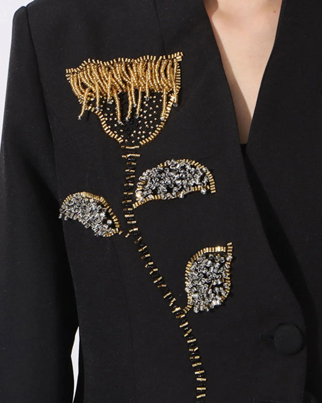 Flower Button Front Long Sleeve Blazer