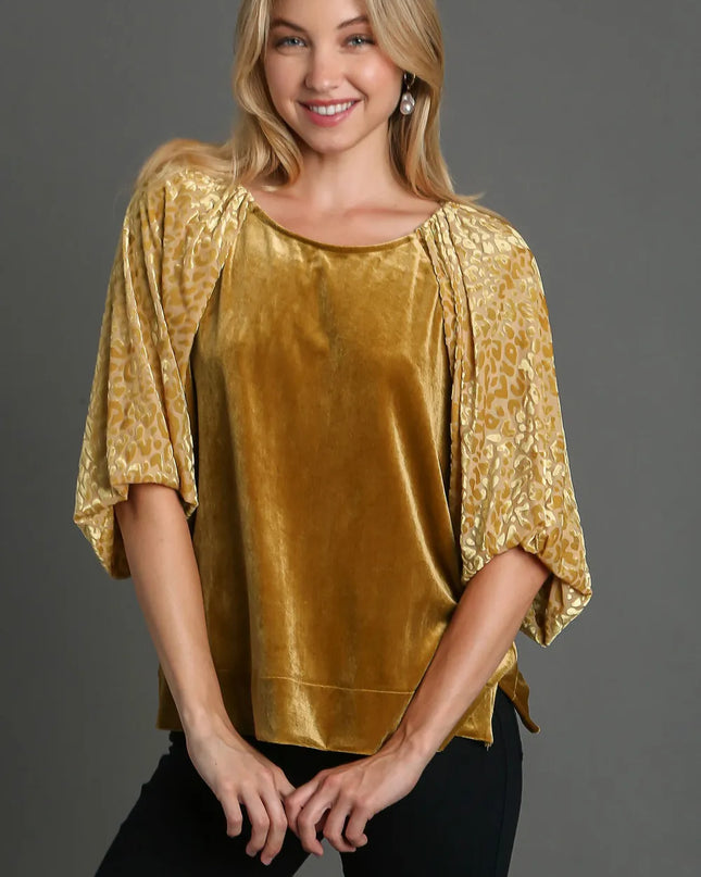Umgee Round Neck Leopard Balloon Sleeve Velvet Top Mustard