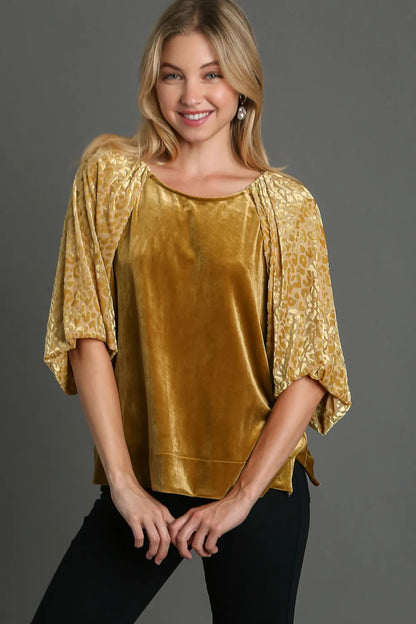 Umgee Round Neck Leopard Balloon Sleeve Velvet Top Mustard