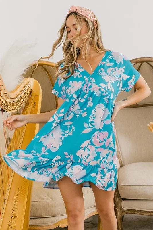 BiBi Floral Crinkle Shirred Ruffle Detail V Neck Dress