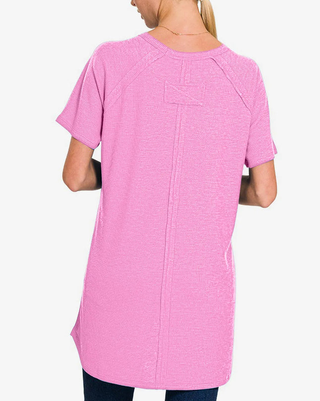 Zenana Slit Round Neck Short Sleeve Waffle Top