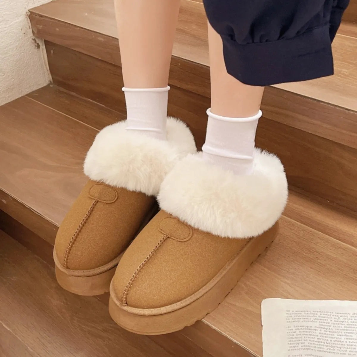 Cozy Furry Platform Boots Brown