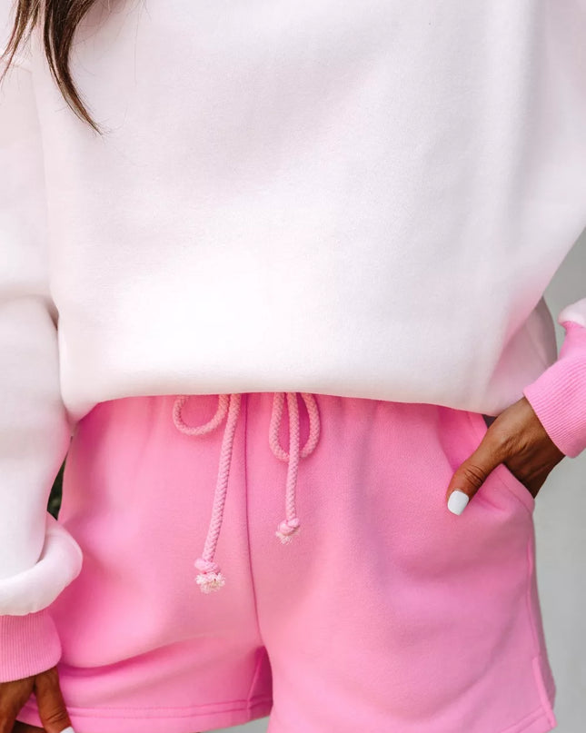 Color Block Sweatshirt and Elastic Waist Shorts Set