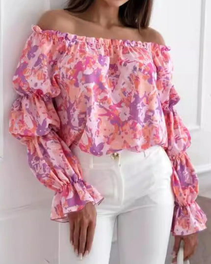 Off-Shoulder Floral Ruffle Blouse with Elastic Neckline