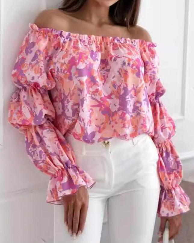 Off-Shoulder Floral Ruffle Blouse with Elastic Neckline