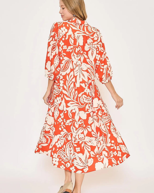 Umgee Floral Print Tiered Midi Dress