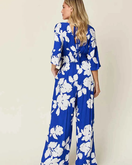 Double Take Full Size Printed Tie Back Wide Leg Jumpsuit