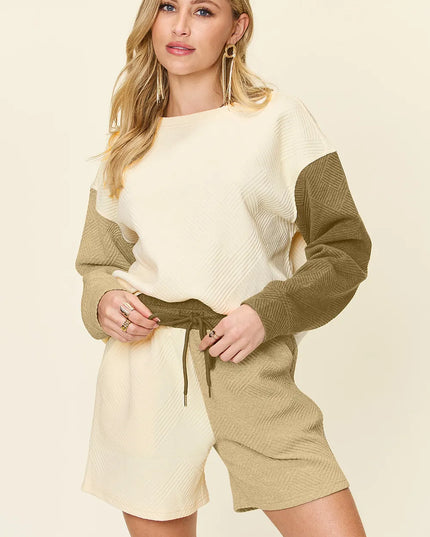 Double Take Full Size Contrast Drop Shoulder Top and Shorts Set Khaki