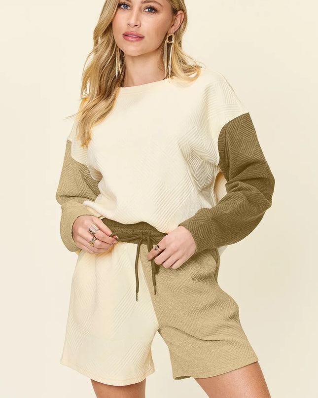 Double Take Full Size Contrast Drop Shoulder Top and Shorts Set Khaki