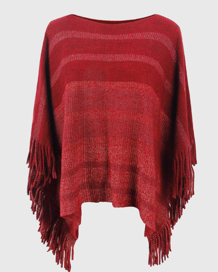 Striped Boat Neck Poncho with Fringes Deep Red One Size