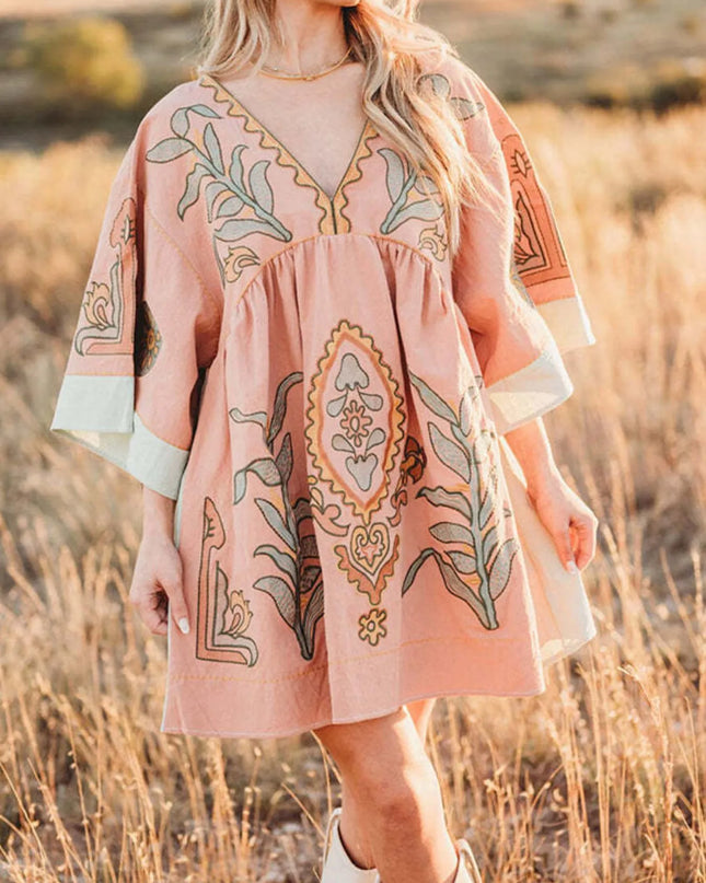 Printed V-Neck Kimono Sleeve Mini Dress Sherbet