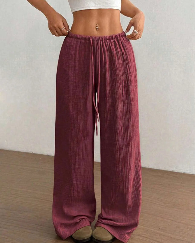Wide Leg Drawstring Casual Pants Burgundy