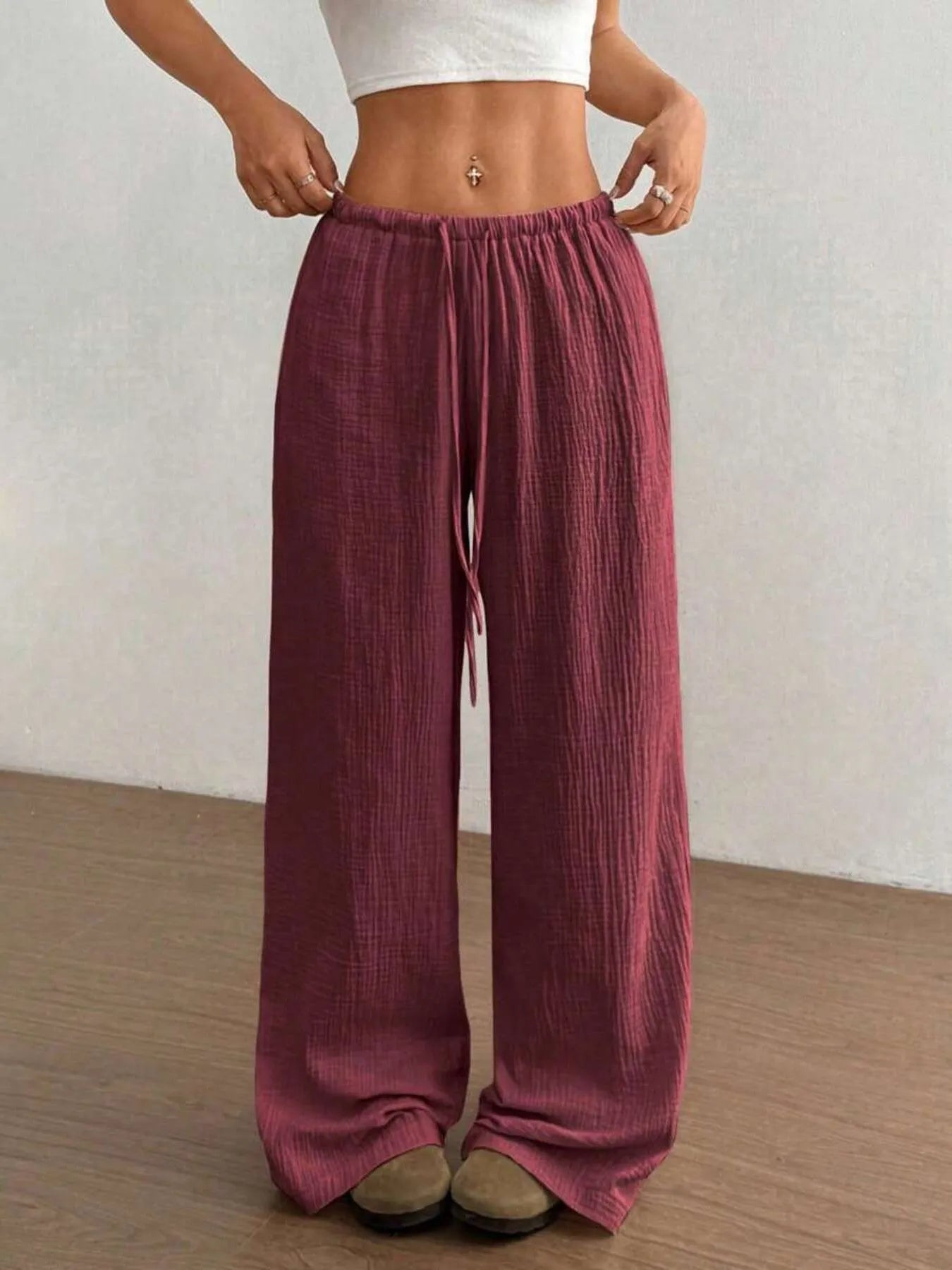 Wide Leg Drawstring Casual Pants Burgundy