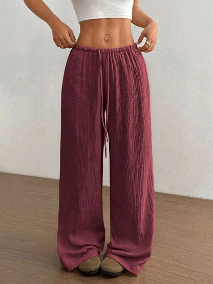 Wide Leg Drawstring Casual Pants Burgundy