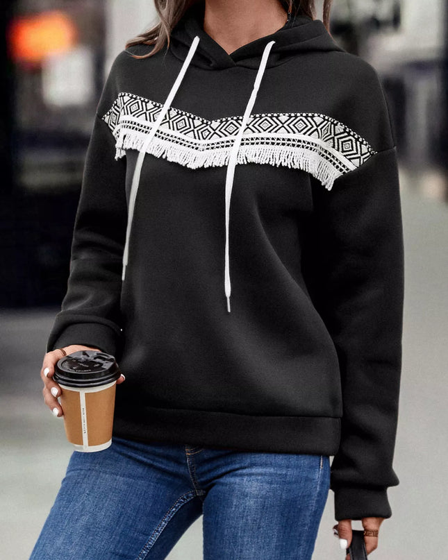 Fringe Detail Long Sleeve Drawstring Hoodie