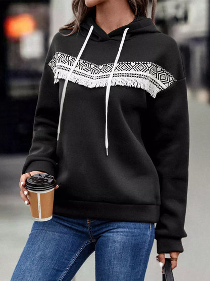 Fringe Detail Long Sleeve Drawstring Hoodie