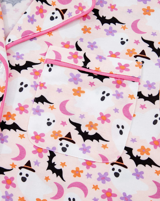 Halloween Ghost Print Button Up Top and Pants Lounge Set
