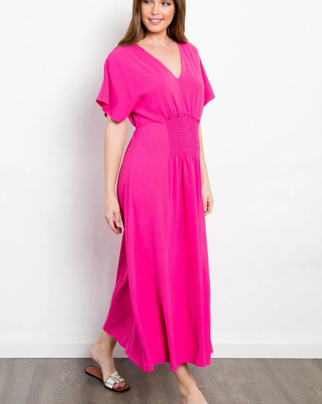Be Stage Full Size Shirred Front Short Sleeve Maxi Dress