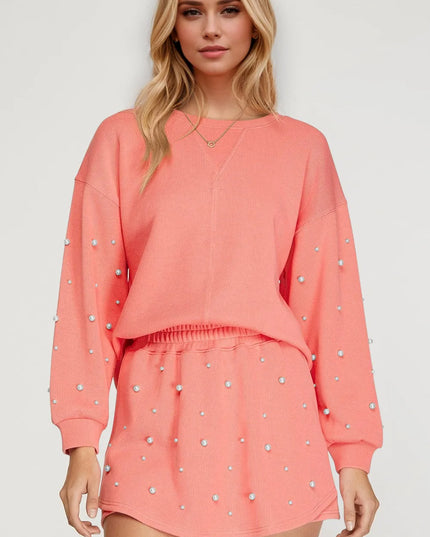 Oh Pearl Trim Round Neck Long Sleeve Top and Skirt Set Burnt Coral