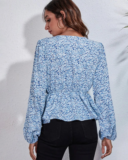 Floral V-Neck Balloon Sleeve Peplum Blouse