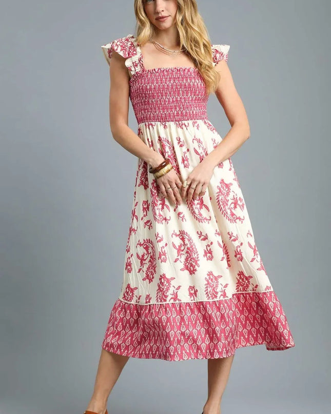 Umgee Printed Smocked Midi Dress with Ruffle Details Deep Rose