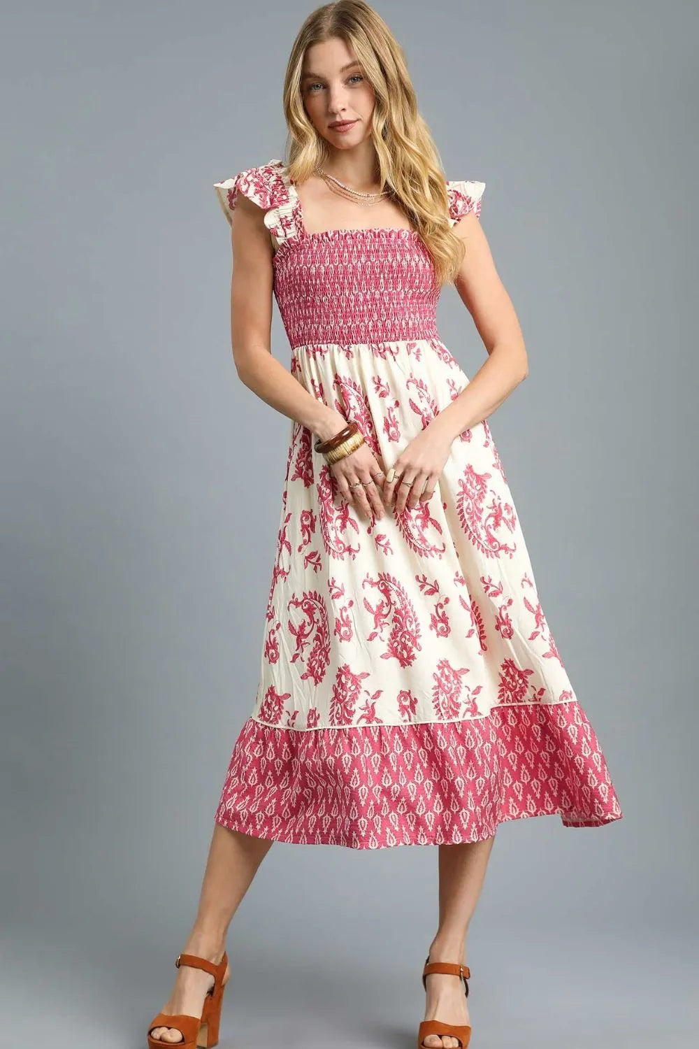 Umgee Printed Smocked Midi Dress with Ruffle Details Deep Rose