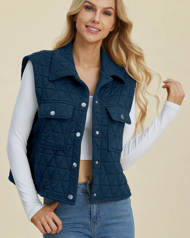 Double Take Full Size Pocketed Texture Snap Down Vest Coat