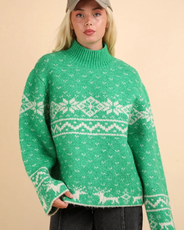 VERY J Christmas Element Mock Neck Long Sleeve Sweater Green