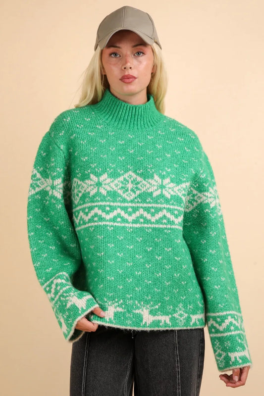 VERY J Christmas Element Mock Neck Long Sleeve Sweater Green