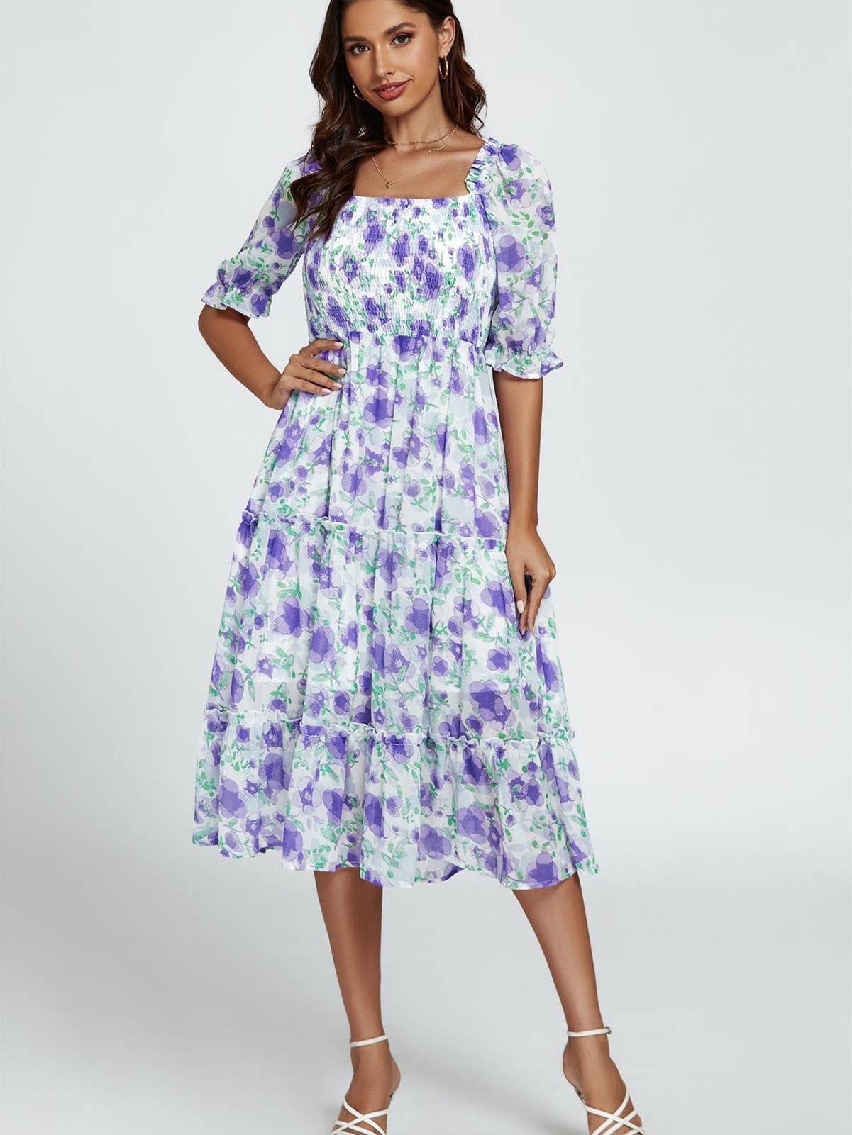Floral Print Bardot Puff Sleeve Elasticated Detail Midi Dress in White
