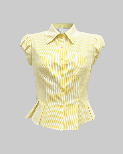 Striped Puff Sleeve Button-Up Shirt