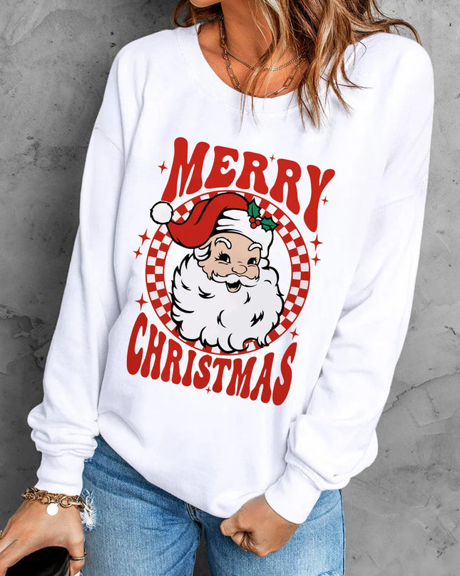 Santa Graphic Round Neck Long Sleeve Sweatshirt White