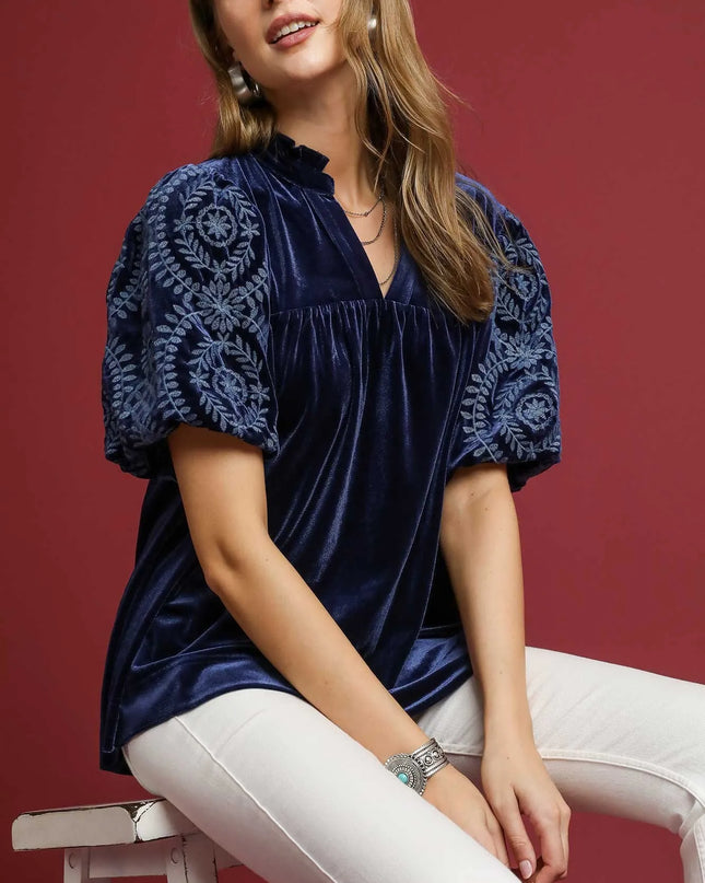 Umgee Full Size Velvet Embroidered Sleeve Blouse Plus Size