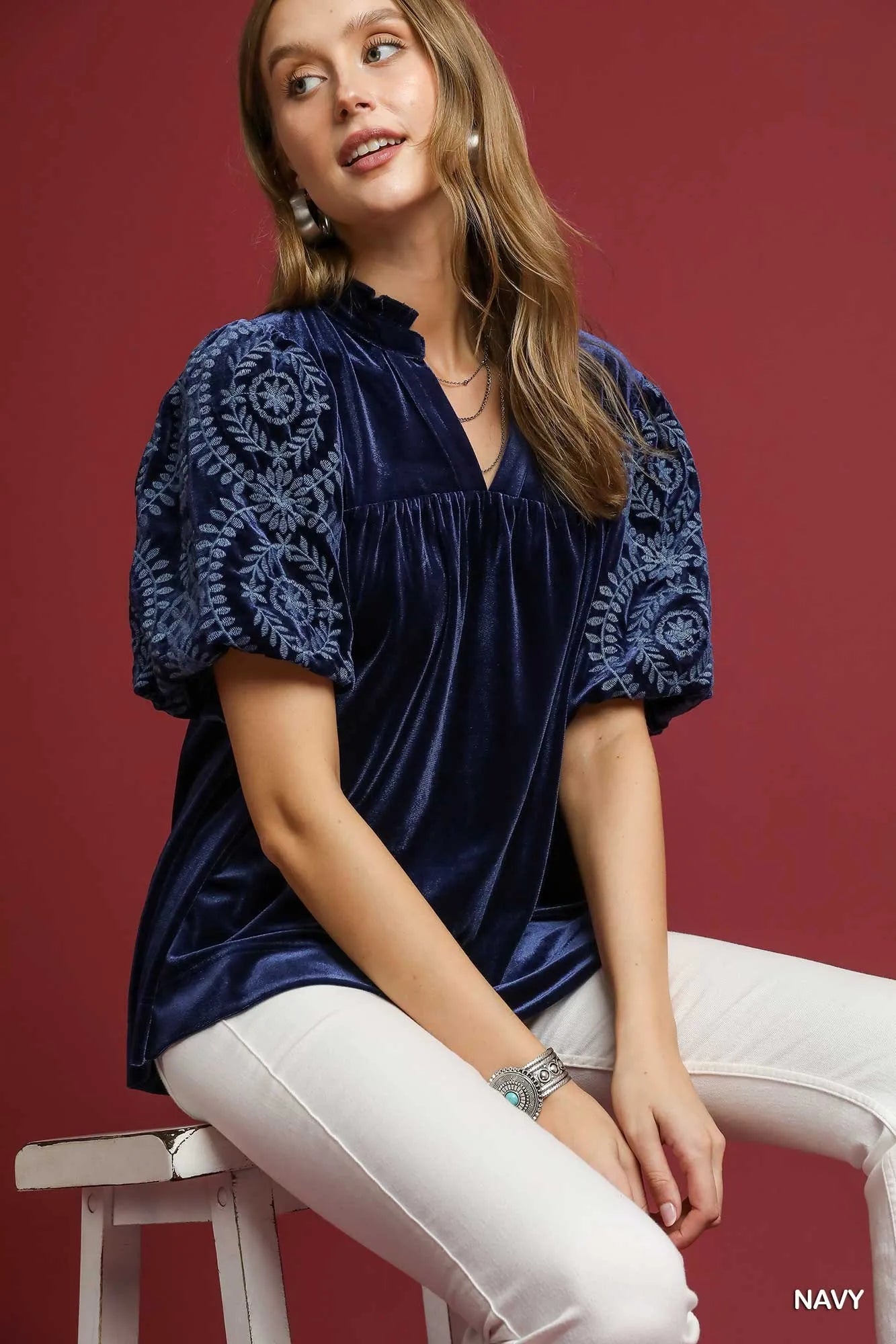 Umgee Full Size Velvet Embroidered Sleeve Blouse Plus Size