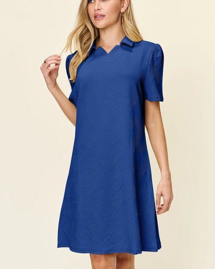 Double Take Full Size Texture Collared Neck Short Sleeve Dress