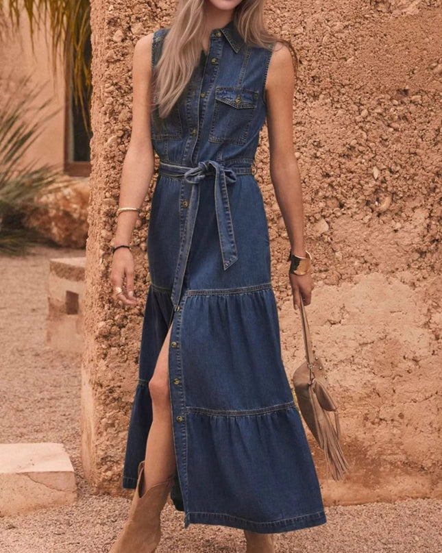 Button Front Sleeveless Denim Dress
