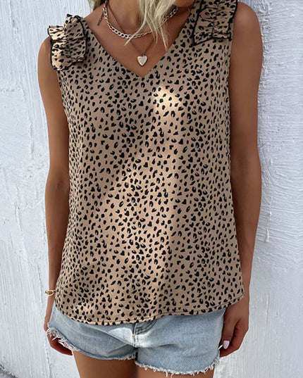 Perfee Leopard Frill Trim V-Neck Tank