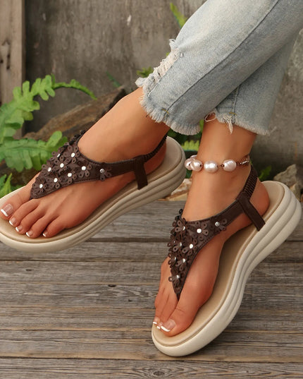 Studded T-Strap Wedge Sandals 