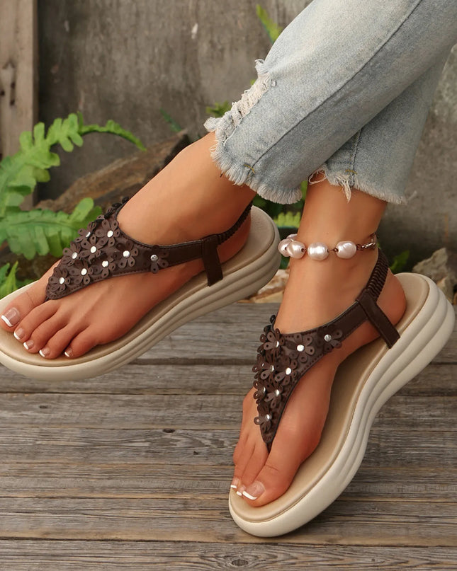 Studded T-Strap Wedge Sandals 