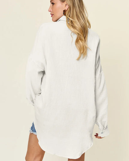 Double Take Full Size Pocketed Texture Button Up Shirt