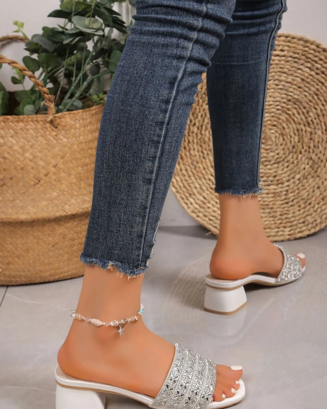 Rhinestone Open Toe Block Heels Sandals 