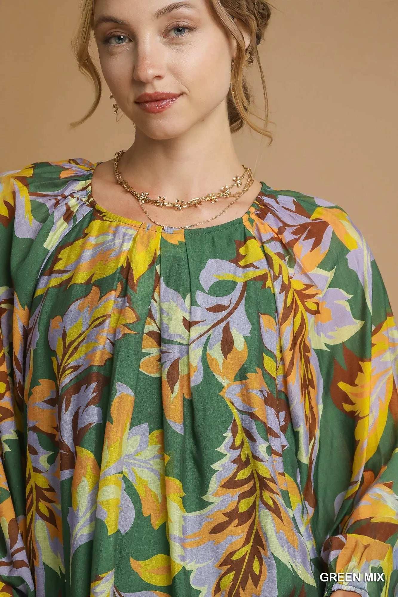 Umgee Mix Abstract Print Balloon Sleeve Blouse