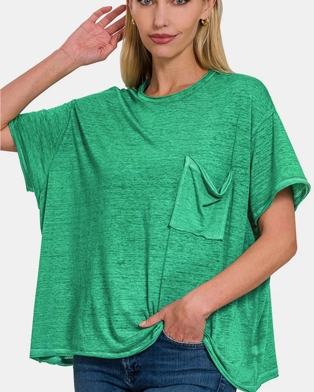 Zenana Pocketed Round Neck Dropped Shoulder T-Shirt Green