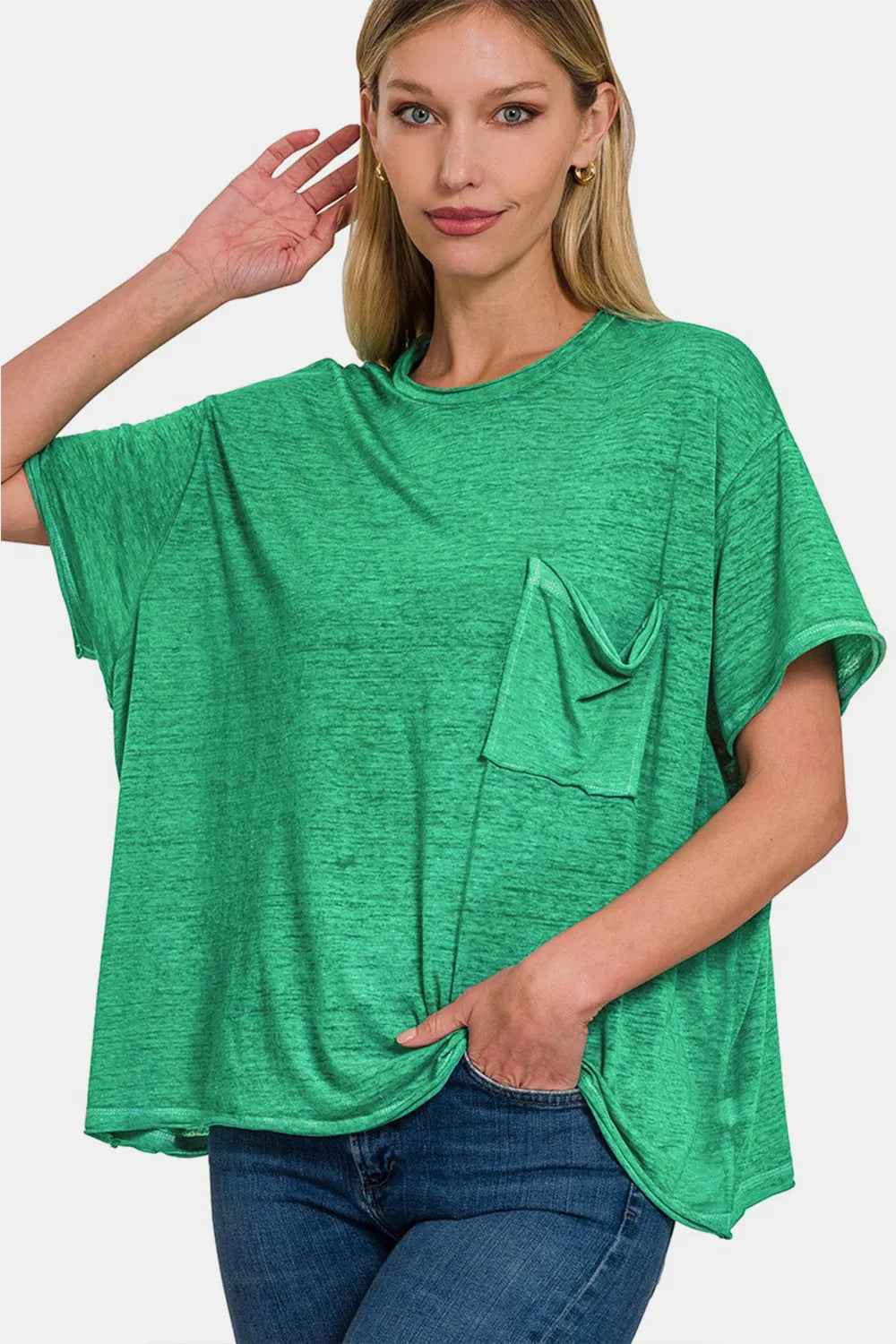 Zenana Pocketed Round Neck Dropped Shoulder T-Shirt Green