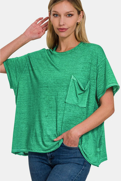 Zenana Pocketed Round Neck Dropped Shoulder T-Shirt Green