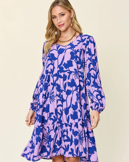 Double Take Full Size Printed Ruffle Hem Dress with Pocket Lavender